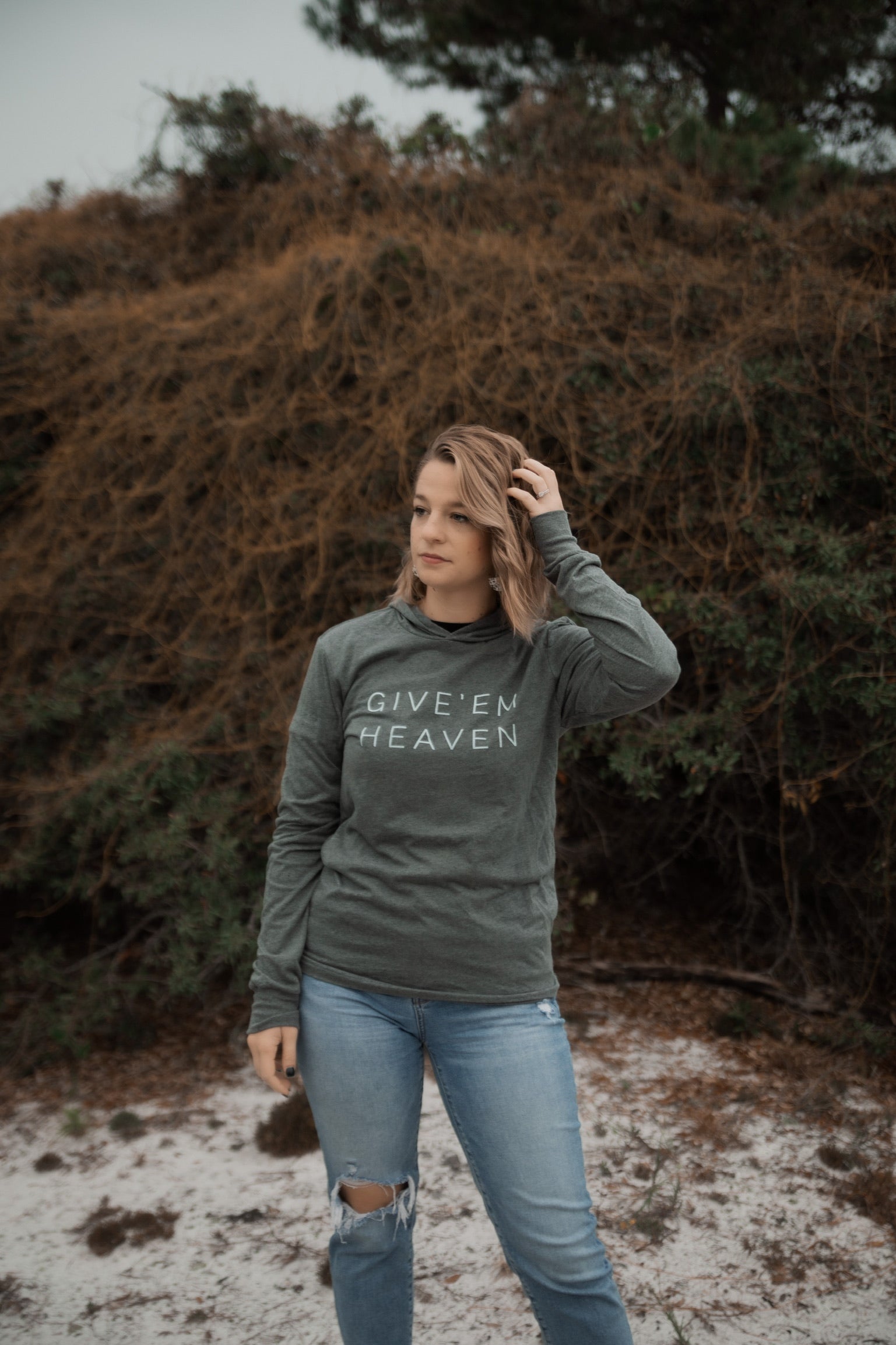 GIVE'EM HEAVEN PULLOVER T-SHIRT HOODIE- UNISEX  HOODED T-SHIRT
